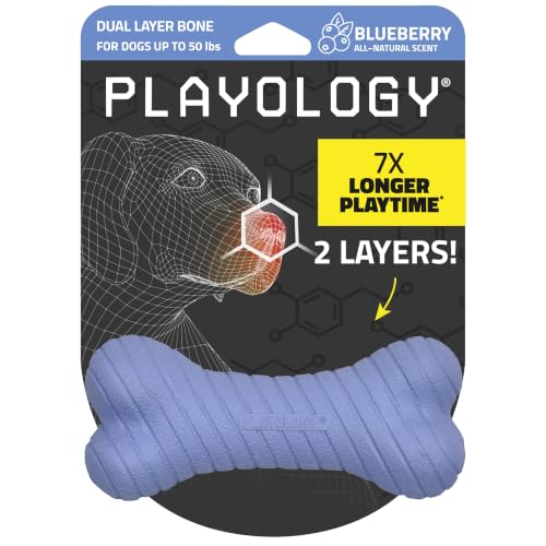 Playology Dual Layer Bone Dog Chew Toy - Medium, Blueberry Scent | Rubber Construction, All Natural Scent, Heavy Duty Design - size: Medium, style: Blueberry