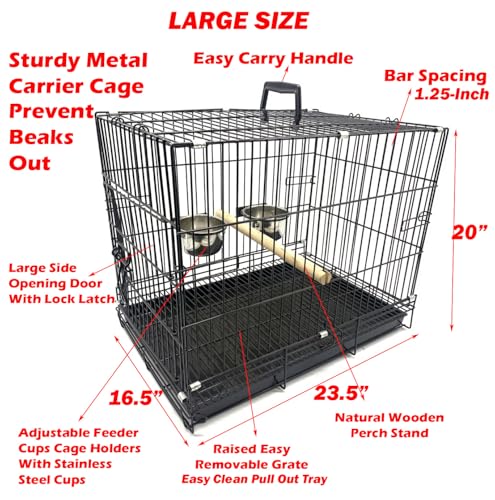 Large Durable Metal Travel or Veterinary Easy Collapsable Parrot Bird Carrier Beaks Proof Carrier Cage Easy Clean Pull Out Tray Stainless Steel Feeder Bowls Natural Wooden Perch - color: Black