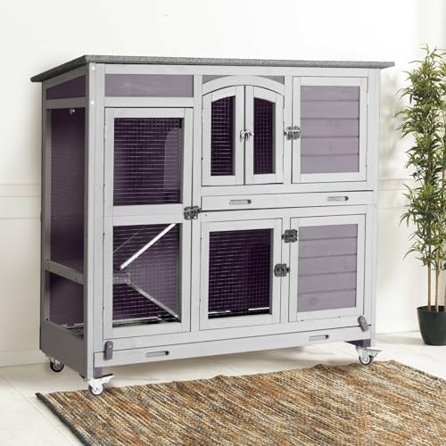 GUTINNEEN Large Rabbit Hutch Indoor with Chew-Proof Ramp, 47" Wooden Bunny Cage Guinea Pig Cages with Casters, Leak-Resistant Trays for Rabbits, Guinea Pigs, Small Animals