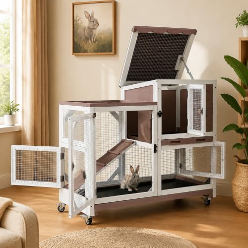 GUTINNEEN Rabbit Hutch Indoor Outdoor 2 Story Bunny House on Wheels Wood Rabbit Cage with 2 Pull Out Trays Guinea Pig Cage - size: 39.3"L Rabbit Hutch Brown