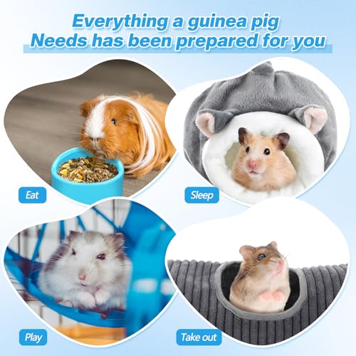 Teenyyou 24 Pcs Small Guinea Pig Starter Kit Essentials for Hamster Cage Accessories Toys House Bed Cage Cleaner Food Bowl Water Holder Carrier Bag Teething Toys Liner Tunnel for Beginner(Blue) - color: Blue