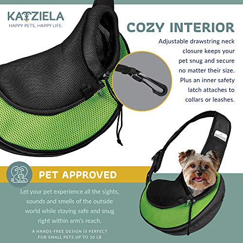 Expandable Pet Carrier Sling Bag - Small Dog, Puppy and Cat Carrier Front Shoulder Backpack w/Harness Strap - Carrying Pouch for ESA, Animal Travel - PU Leather Bottom, Mesh Pocket by Katziela (Green) - color: Green