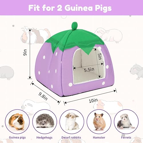 BWOGUE Guinea Pig Bed Hideout, Washable Hamster Cave for Small Animals | Removable Cushion for Cleaning, Warm Fleece Nest, Washable Bed, 10 x 9.8 x 9 in, Dwarf Rabbits Hedgehogs - color: Strawberry Purple