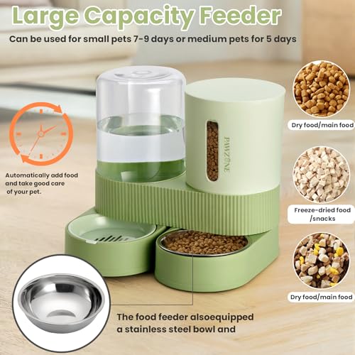 Automatic Cat Feeder Stainless Steel Water Dispenser Gravity Food Feeder and Waterer Set with Pet Food Bowl for Small Medium Kitten Puppy Pets Large Capacity(Green) - color: Green