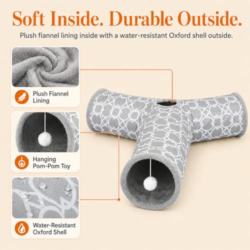 Geometric 3 Way Cat Tunnel with Plush Inside,Cats Toys Collapsible Tunnel Tube with Balls, for Rabbits, Kittens, Ferrets,Puppy and Dogs - size: 3 Way Tunnel