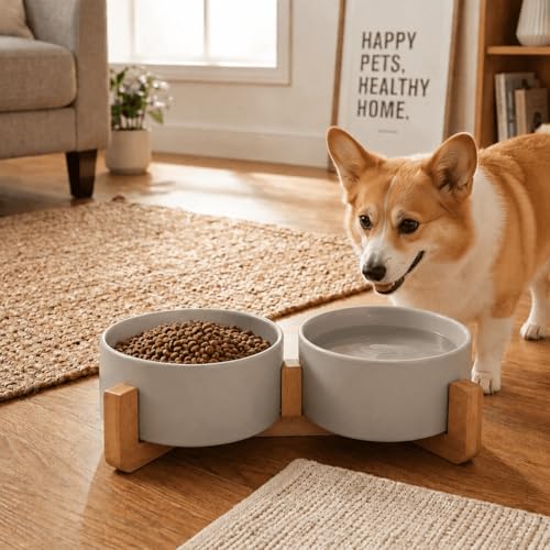 SPUNKYJUNKY Ceramic Dog and Cat Bowl with Wood Stand Non-Slip Matte Glaze Weighted Food Water Set for Cat Medium Dog 28.7 OZ - color: Grey × 2, size: 3.6 cups