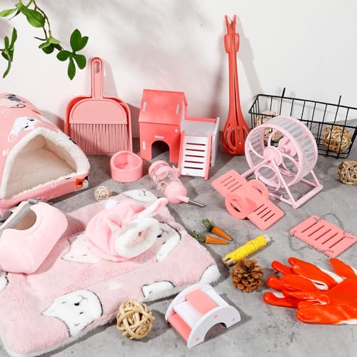 Teenyyou 24 Pcs Small Guinea Pig Starter Kit Essentials for Hamster Cage Accessories Toys House Bed Cage Cleaner Food Bowl Water Holder Carrier Bag Teething Toys Liner Tunnel for Beginner(Pink) - color: Pink