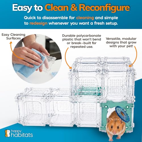 Burrow Bricks Hamster Maze Kit – 52 Piece Pet Hamster Cage | DIY Custom Hamster Tunnels that Also Fit Gerbils & Mice – Hamster Cage Accessories w/Modular Clear Panels, Doors & Connectors