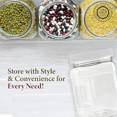 Pride of India Clear Food Grade PET Plastic Jar – 48 Fluid Ounce | Square-Grip Plastic Containers for Snacks, Candy, Cereal, Pet Food, Kitchen, Pantry & Household Storage (4-5 Cup Storage Capacity) - size: Large Square Grip Jar & Cap