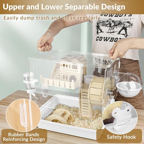 Cycodo 8 in 1 Acrylic Hamster Cage,2-Tier Dwarf Hamster Cage with Wooden Wheel & Hideout,Small Hamster Habitat with Accessories,Clear Pet Mice House(White,14" L*10" W*11" H) - color: White