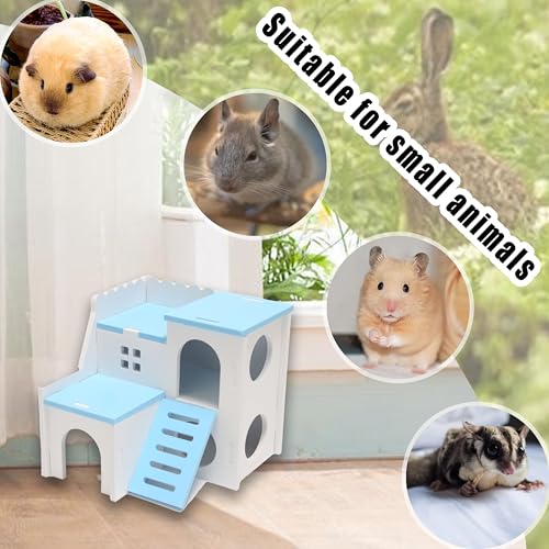 Blue Wooden Hamster Maze & Double-Decker Hut with Fun Slide - for Dwarf Hamsters, Mice, Gerbils, All Small Pets - color: BLUE