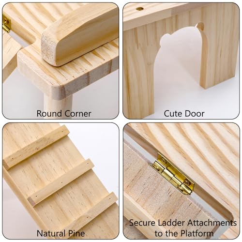 Hacaroa Wooden Hamster Hideout with Ladder, Large Hamster Platform Guinea Pig Hide Play House, Small Animals Climbing Toy Chinchillas Cage Accessories for Syrian Hamsters, Rats, Gerbils