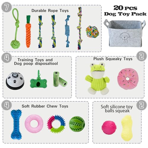 MRSOHRET 20Pcs Puppy Chew Toys for Teething, Dog Chew Toys with Rope Toys, Pet Dog Toothbrush, Treat Balls, Plush Toys and Squeaky Toy for Small Medium Dogs with Basket - color: 20 Pack Frog Style