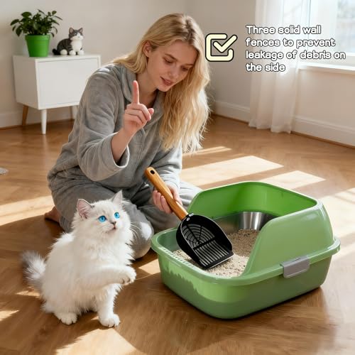 Chinshwehaw Premium Stainless Steel Cat Litter Scoop-Triple Guard Walls&Non-Stick Design,Silver,Flat Shovel Head Design Solid Deep Edge Wood Handle,Dual Hooks 1Pack,6.1x5.3inch (Black Long Strip) - color: Black