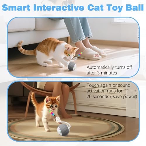 Upgraded 2.36 Inch Large Interactive Cat Toys Ball for Indoor Cats, Gray | Motion and Sound Activated, 2 Speeds, Rechargeable, 5 Replaceable Tails, Stuck-Free Motor, Pink Also Available - color: Gray