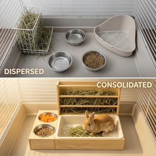 3 in 1 Rabbit Hay Feeder with Litter Box, Wooden Bunny Hay Holder Feeder Toilet Combo with 2 Stainless Steel Bowls and Removable PP Tray for Rabbits, Guinea Pigs,Small Animals