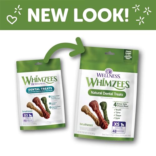 Wellness Whimzees Brushzees Natural Dog Dental Treat, VOHC Accepted Chews, Freshens Breath, Extra-Small Size, 12.7 oz Bag, 48 Count (Pack of 2) - size: 48 Count (Pack of 2)