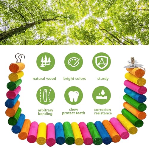 2-Pack Hamster Bridge 15.7 x 2.4 Inch Colorful Flexible Bendy Climbing Ladder Hanging Wooden Stairs Chew Toy for Bird Parrot Chipmunk Sugar Glider Gerbil Mice