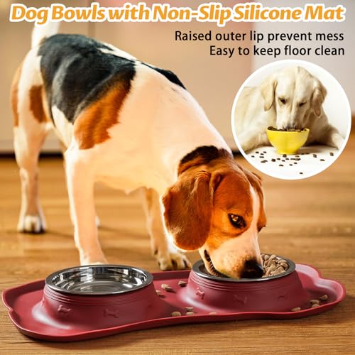 Hubulk Pet Dog Bowls 2 Stainless Steel Dog Bowl with No Spill Non-Skid Silicone Mat + Pet Food Scoop Water and Food Feeder Bowls for Feeding Small Medium Large Dogs Cats Puppies (Medium, Burgundy) - color: Burgundy, size: Medium