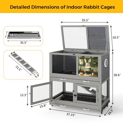 COZIWOW 2-Tier Bunny Hutch, Indoor Rabbit Cage with Wheels & Pull Out Tray | Easy Clean Pull Out Tray & Anti-Chew Ramp Included. Air Vent For Proper Ventilation. Rolling Casters For Mobility.