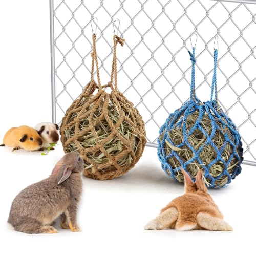 2Pcs Rabbit Hay Feeder Mesh Bags 13.5x11 Inch High-Capacity Hanging Bunny Hay Feeder for Guinea Pig Hamster Chinchilla Gerbils Small Pets and Animals Cage Accessories Supplies - color: Blue&Cofee