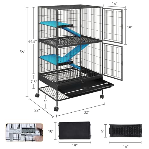 DWVO 4-Tiers Small Animal Cage: Indoor Cage for Ferrets, Chinchillas, Guinea Pigs, Large Hamsters, Rabbits, Hedgehogs with Wheels