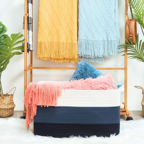 22in Extra Large Blanket Basket Holder Living Room, Rectangle Rope Woven Storage Basket with Handles for Laundry, Pool Towels, and Shoes, Dog Toy Organizer Bin Box, 3-Tone Blue - color: 3-Tone Blue