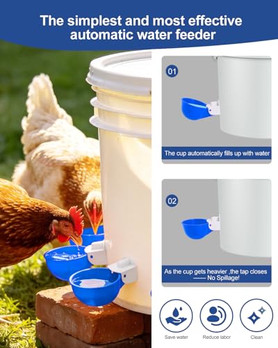 Chicken Waterer Cups (8 Pack) with 3/8" Drill Bit - Blue | Automatic Poultry Drinker Feeder Kit for Chickens, Ducks, Turkeys, Quail, Bunnies | DIY Gravity Fed Bucket Water Dispenser - color: Blue, size: 8 Pack + Drill bit