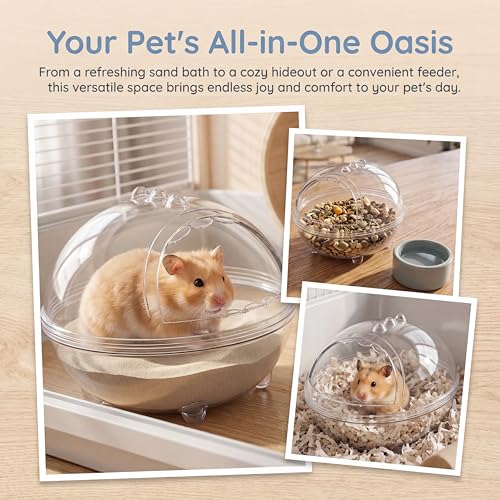 Clear Hamster Sand Bath, Dinosaur Sandbox Hideout with Scoop (M) | Anti-Scatter Sandbox, For Dwarf Hamsters Gerbils Mice, Hideout & Sand Bath Container - size: Medium