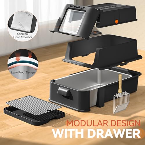 Wooaidagg Enclosed Stainless Steel Cat Litter Box with Odor Control, Modular Design with Drawer and Flip Door, Easy to Clean and Wash,Non-Stick Interior,Extra Large Size Fits All Cats(Black) - color: Black