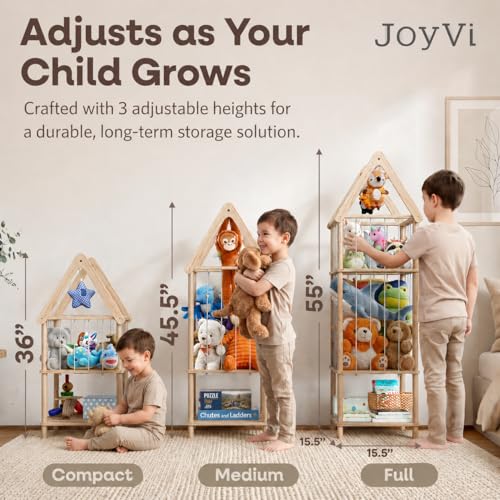 Kid Stuffed Animal Storage Corner, 3 Heights Adjustable (36", 45.5", 55.5") Wooden Zoo Stuffed Animal Organizer with Bottom Shelf, Durable Elastic Plushies Storage Cord - Teddy Bear Holder