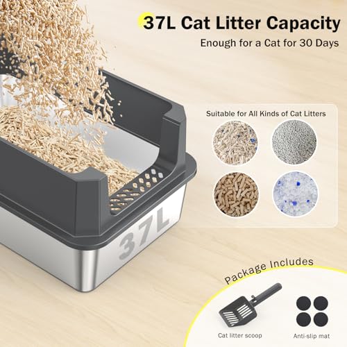 Stainless Steel Litter Box, Extra Large Litter Boxes for Big Cats, XLarge Metal Cat Litter Box with Lid, Anti-Urine Leakage XL Box with High Sides, Easy Clean, Non-Sticky, Scoop Included - color: Dark Grey, size: XL