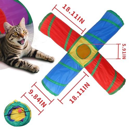Pet Cat Tunnel, 4 Way Tunnels for Indoor Cats, Collapsible Pet Tunnel for Kitten, Puppy, Rabbit, 25cm-Wide Tunnels, Durable & Breathable, with Peek Hole Toy Ball - color: 4-way Junction Tunnel & Rainbow