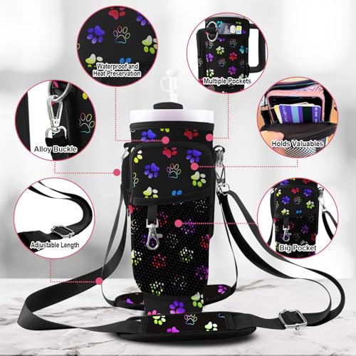 Stanley Carrier Bag for Stanley 40oz/30ozTumbler with Phone with 2 Adjustable Strap,3 Pockets Bottle Stanley Cup Carrier Bag & Case,Accessories for Hiking Travelling - color: Dog paw