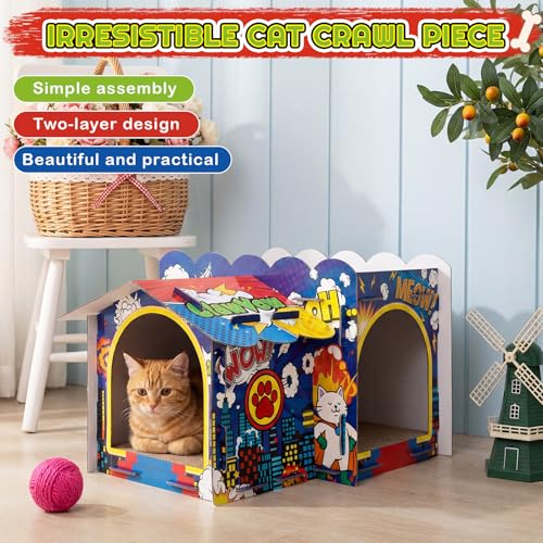Lineshading 2 Story Cardboard Cat House with Scratcher Pad, Multi Level Durable Cat Scratcher House for Small Kitten Bunny Rabbit Animals Christmas Birthday Gift(17x12x10,Hero) - style: Hero