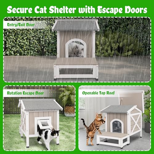 Insulated Outdoor Cat House Weatherproof Feral Cat Shelter for Winter Outside Cat Houses for 1-2 Cats Indoor Pets Condo with Waterproof Roof & Escape Door, 6.3" Raised Base & Balcony - style: 30"L Insulated Small Cathouse