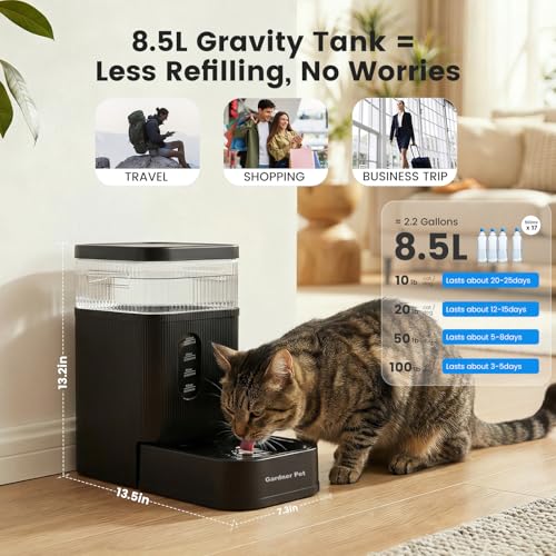 Gardner Pet 2.2 Gallon Automatic Dog Water Bowl Dispenser 8.5L Gravity Water Feeder with Stainless Steel Bowl & Maifan Stone Filter, BPA-Free for for Cats and Dogs (Black, 2.2 Gallon) - color: Black, size: 2.2 Gallon