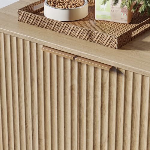 Evermagin 31.5" Cat Litter Box Enclosure Furniture | Oak Hidden Litter Box Cabinet, Modern Indoor Cat House, Fluted Kitty End Table for Living Room, Bedroom, Entryway - color: Oak