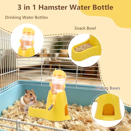 Litewoo 3 in 1 Hamster Water Bottle Small Animal Water Bottle with Food Container Base Hut Hanging Pet Automatic Feeding Drinking Dispenser for Dwarf Hamster Rats Mouse Gerbil Mice - color: Yellow, size: 80ml