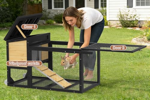 TIMHAKA 2-Story Bunny Hutch with Wheels and Chew-Proof Ramp, Yellow | Indoor Outdoor Bunny Cage w/ Leak-Proof Trays and Openable Waterproof Roof for Rabbits, Guinea Pig, Small Animal - size: 47.2"L x 21.98"W x 27.2"H