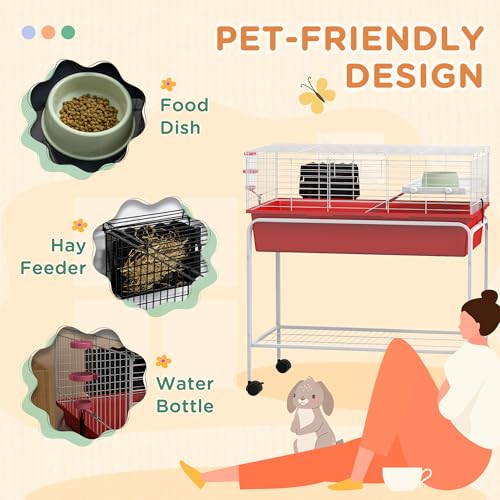 PawHut Two-Story Small Animal Cage Removable from Stand, Guinea Pig Cage with Shelf & Wheels, Pet Habitat for Hedgehog, Chinchilla, Ferret, 33" x 18.5" x 35", Red | Removable from Stand, Guinea Pig Cage, Pet Habitat for Hedgehog, Chinchilla, Ferret - colo