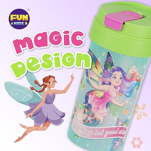 17oz Fairy Kids Water Bottle, Toddler Spout Cover and Carry Handle Design Lid Leak Proof BPA free Cup for Girls Ages 3+ Dishwasher Safe for Sports School Travel Made of Plastic with Silicon Straw