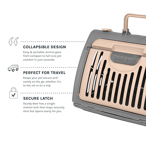 SportPet Designs Foldable Travel Cat Carrier - Front Door Plastic Collapsible Carrier, Gray and Tan, Medium (Pack of 1) - color: A) Large Carrier (Tan & Gray)