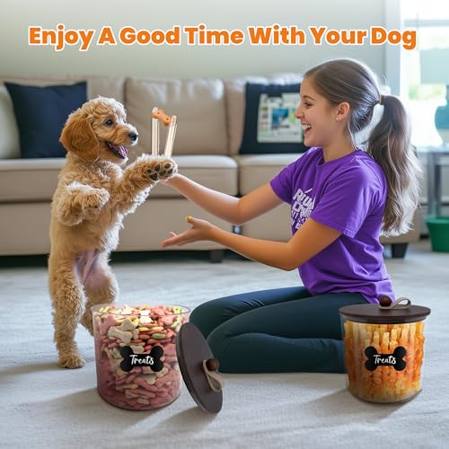 HOYTAMDAR 2 Pack Airtight Dog Treat Containers Bamboo Lids, Dog Treat Jars | Dog Food Storage Container with Scoops, Clamps, Labels and Marker, Dog & Cat Treat Holder - color: Brown - 2 Pack