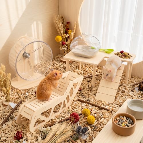 BreezeHug 4 Pcs Hamster Cage Accessories Hamster Platform Hideout Wooden Tunnel Ladder Playhouse Game Climbing Toy with Platform for Pets Dwarf Syrian Mice Degus Gerbils Squirrel(Wood) - style: Wood