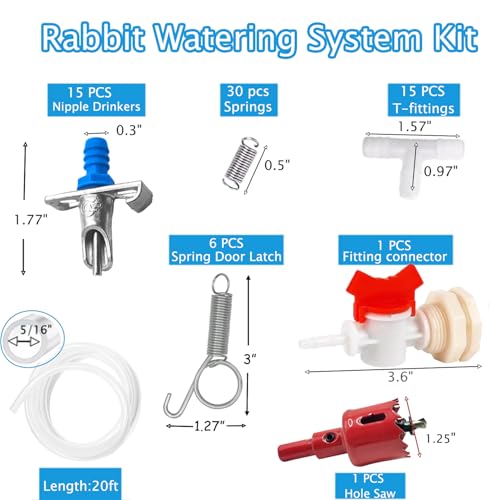 Automatic Rabbit Watering System Kit Include 15 Nipple Drinker Feeders, 20ft Hose, Watering System Bucket Connector, Hole Opener, 6 Spring Latches for Rabbit Cage Doors
