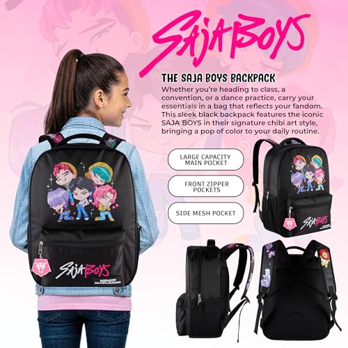 AI ACCESSORY INNOVATIONS K-Pop Demon Hunters Chibi Saja Boys 16” Backpack for Girls, Featuring Jinu, Abby, Mystery, Romance, & Baby, Saja Rubber Molded Bag Charm, Saja Boys - style: Saja Boys
