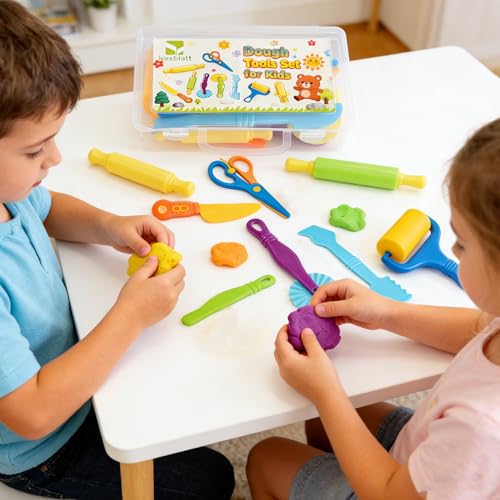 Kleeblatt Dough Tools Set for Kids - 19 Pcs Playdough Kit | 9 Basic Dough Tools, 9 Double-Headed Clay Carving Tools, 1 Cleaning Brush, Exquisite Box - color: KT-DoughTools-1
