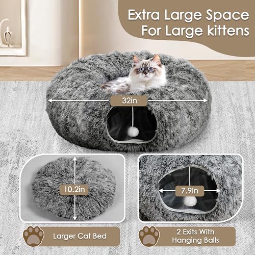 Cat Tunnel Bed for Indoor Cats, Peekaboo Cat Cave with Washable Soft Play Mat, Furry Cat Tube, for Kitten/Puppy/Rabbit, Black - color: black