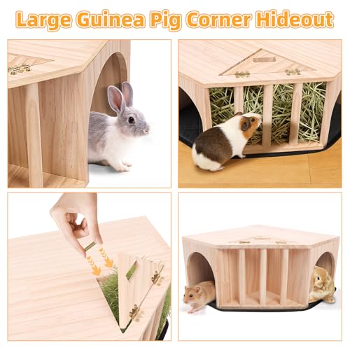 Kalolary Wooden Guinea Pig Corner Hideout with Pee Pad, Small Animal Hideout with Hay Feeder Dual Entrances Hamster Hideout for Bunny Chinchilla Mice Dwarf Gerbils Mouse Hedgehog Playing Hiding